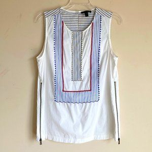 J Crew Sleeveless White Blue Cotton Striped Beaded Placket Side Zippers Top Sz 2